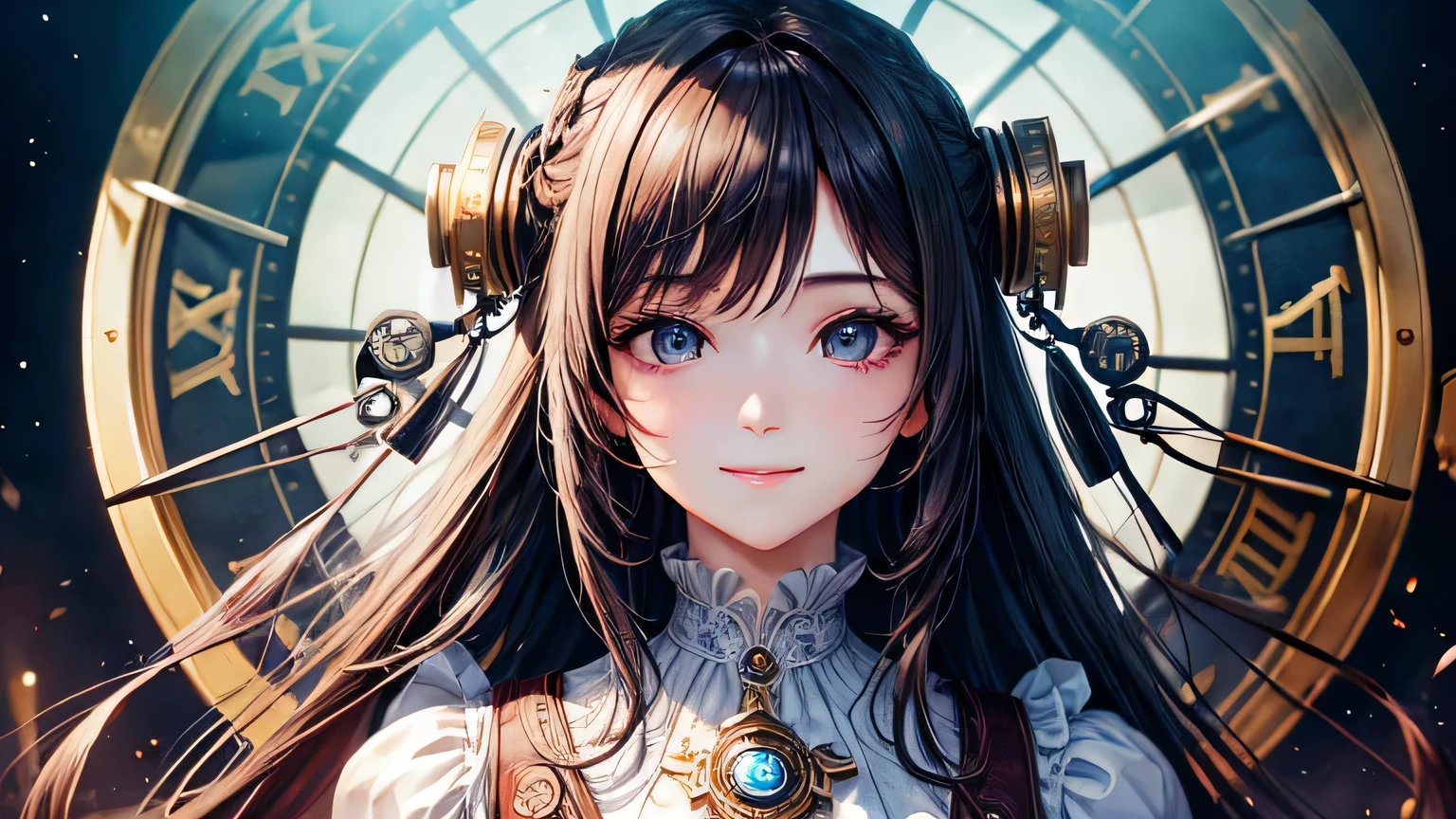 highest quality、Masterpiece、Ultra-high resolution、1 female、Age 25、The ultimate beauty、so beautiful、Shiny、Long Hair、Bright Eyes、white and bright skin、Small Face Beauty、A big smile、steampunk outfit、Steampunk background、Super big 、Detailed, high-quality facial expression、Detailed and high quality hair、Detailed and high-quality eye depiction、