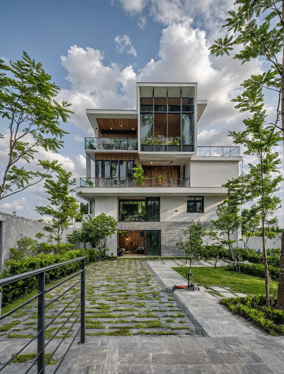 Masterpiece, high quality, best quality, authentic, super detail, outdoors, onestoreyvillaXL, aiaigroup, house style modern on the street ,stairs, white wall ,road,pavement, grass, trees, sky, cloud, (daylight:1.1)
