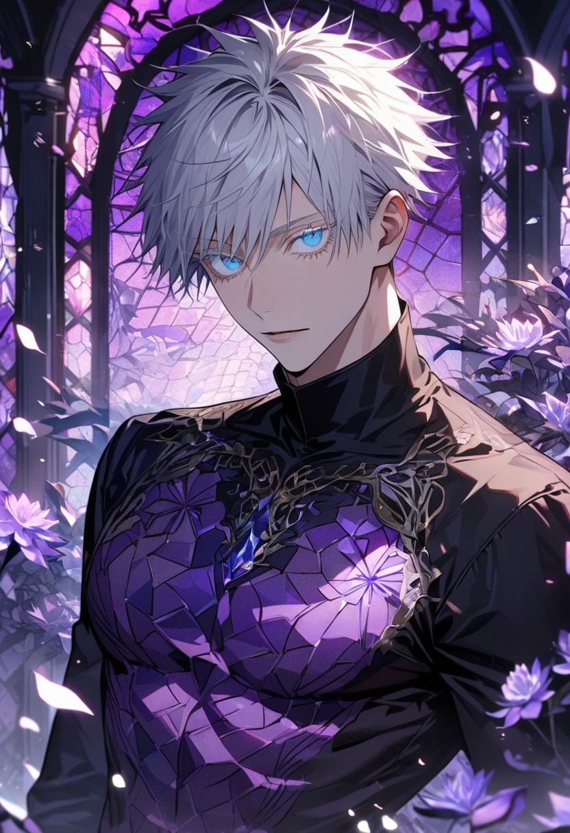 Ultra detailed, HDR, Highres, absurdres, master piece, Gojou Satoru, blue eyes, white hair with bangs, white eyelashes, Jujutsu Kaisen, patterns, black tight shirt, purple stained glass, purple ice, petals, purple ice flowers, sexy man, solo, extremely detailed face and eyes, extremely handsome, glittering, toned chest, purple glass,