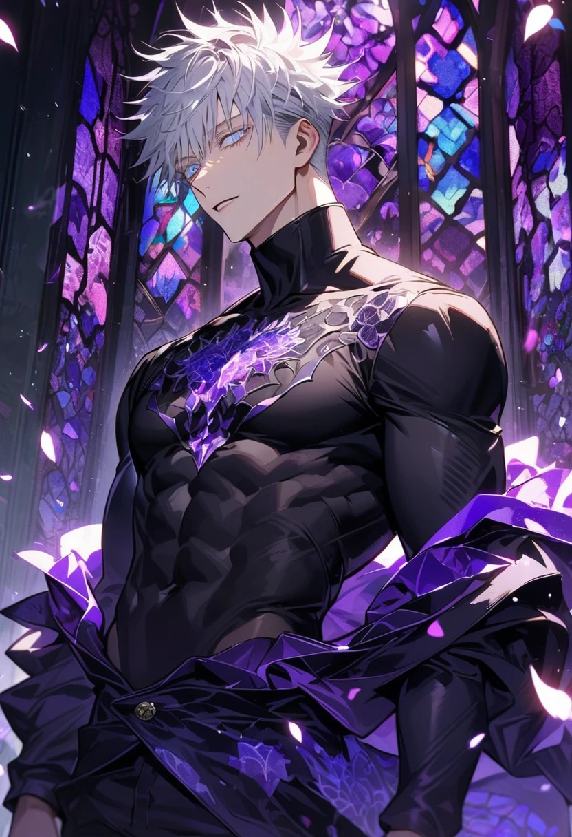 Ultra detailed, HDR, Highres, absurdres, master piece, Gojou Satoru, blue eyes, white hair with bangs, white eyelashes, Jujutsu Kaisen, patterns, black tight shirt, purple stained glass, purple ice, petals, purple ice flowers, sexy man, solo, extremely detailed face and eyes, extremely handsome, glittering, toned chest, purple glass,