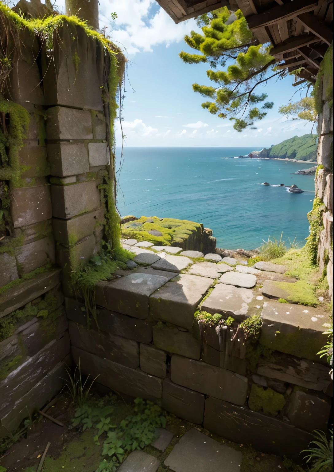 (masterpiece、highest quality:1.2)、8k、You can see the ocean、Crumbling ruins on the edge of a cliff、It is covered with moss and ivy.