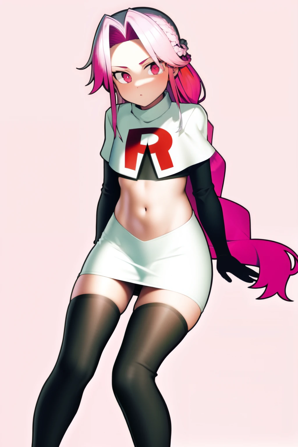 masterpiece, (best quality:1.3), sharp focus, absurdres, ++ 1girl, solo, fantasy, light purple hair, very long hair, curly hair, french braid, single sidelock, forehead, red eyes, pink eyes, multicolored eyes, , flat chest, , dollgirl, doll joints, ++ pov, looking at viewer, team rocket,team rocket uniform,white skirt,red letter R,crop top,black thigh-highs,black elbow gloves