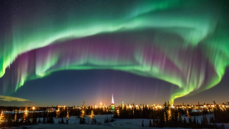Generate an image of the Northern Lights illuminating the skyline of Yellowknife, Canada.