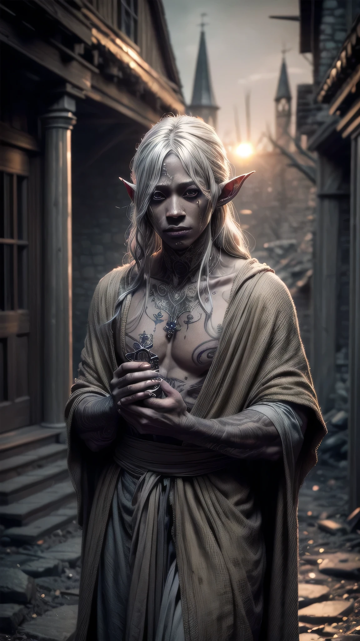 (masterpiece), (extremely intricate:1.3), (realistic), portrait gaunt male, (((starving 50 year old, weak graphite skinned drow elf, burlap robe [gray hair:green hair:0.7], feminine man face tattoos, iridescent silver tattoo:1.2, hollow, haunted, sad, (((graphite skin)))))), outdoors, intense sunlight, ((far away burning destroyed apocalyptic medieval village, professional photograph, dynamic pose)), sharp focus, dramatic, award winning, cinematic lighting, sunset volumetrics dtx, (film grain, blurry background, bokeh, depth of field, interaction), 8K