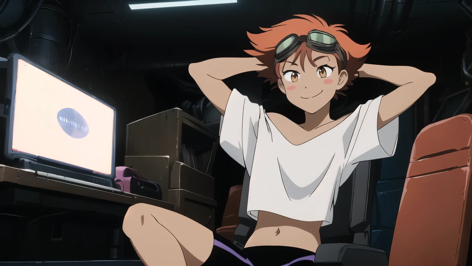 Edward, midriff, orange hair, blush stickers, dark skin, (white loose shirt), off shoulder, bike shorts, brown eyes, goggles on head, smile, space station, engine room, hands behind head, sitting on a gamer chair, (insanely detailed, beautiful detailed face, masterpiece, best quality ,