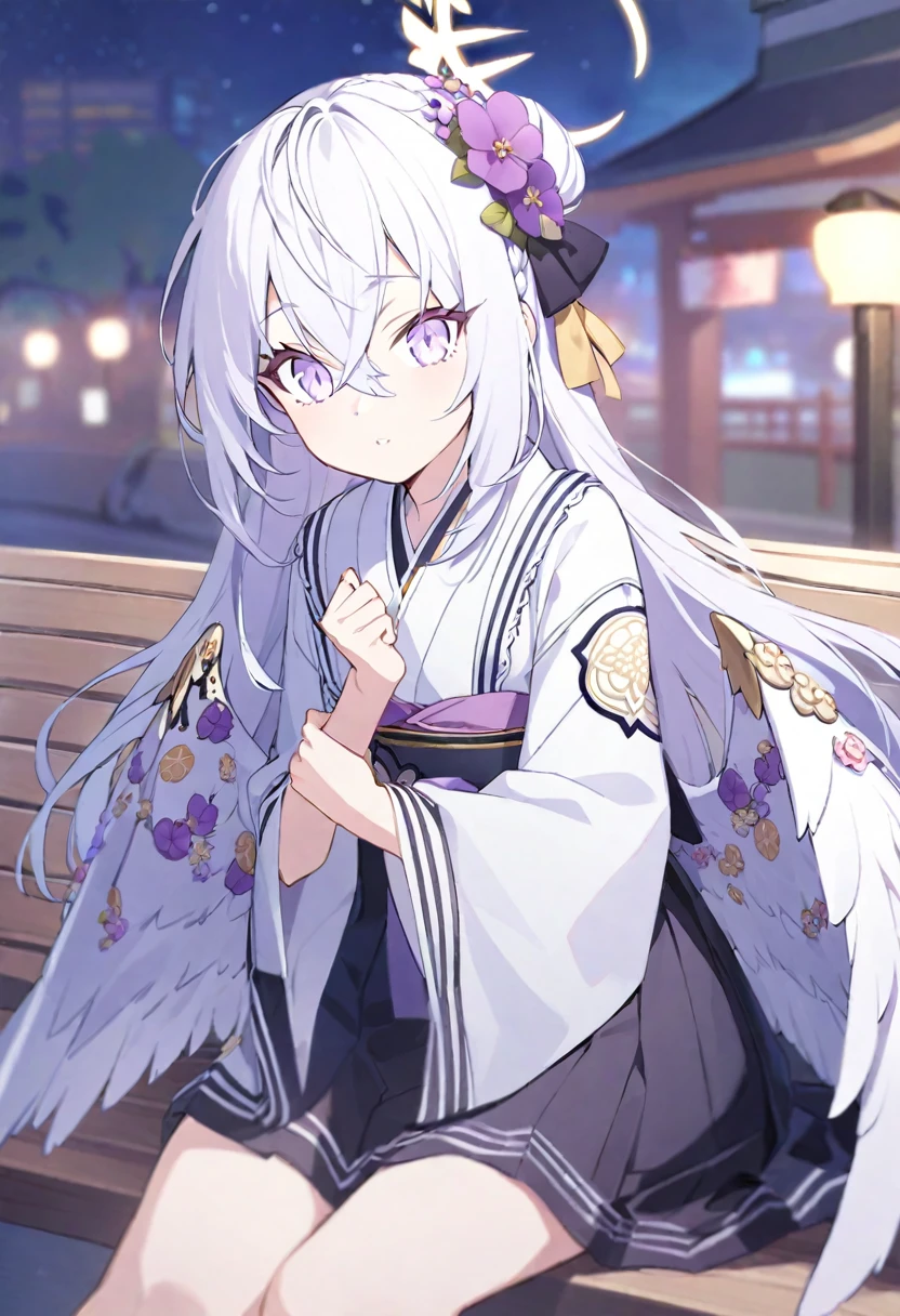 azusa \(blue archive\), 1girl alternate_costume alternate_hairstyle angel_wings bench blurry braid braided_bun building depth_of_field feathered_wings flower hair_between_eyes hair_bun halo japanese_clothes kimono lamppost long_hair long_sleeves looking_at_viewer night night_sky obi obiage park park_bench purple_eyes sash sidelocks single_hair_bun sitting sky skyline skyscraper solo star_(sky) starry_sky stuffed_toy tree v_arms white_hair white_wings wide_sleeves wings yukata