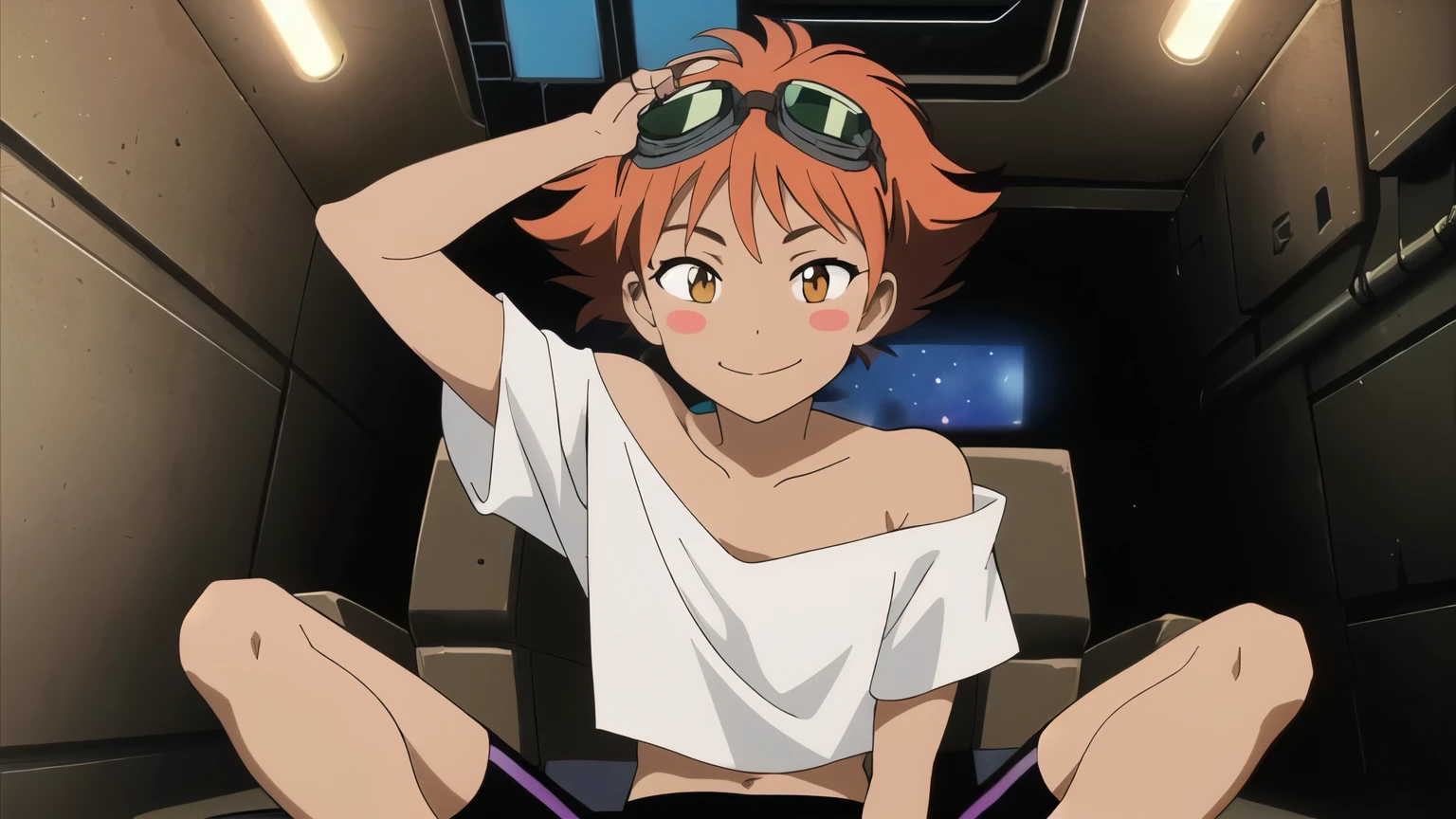 Edward, midriff, orange hair, blush stickers, dark skin, (white loose shirt), off shoulder, bike shorts, brown eyes, goggles on head, smile, space station, engine room, hands behind head, sitting on a gamer chair, (insanely detailed, beautiful detailed face, masterpiece, best quality ,