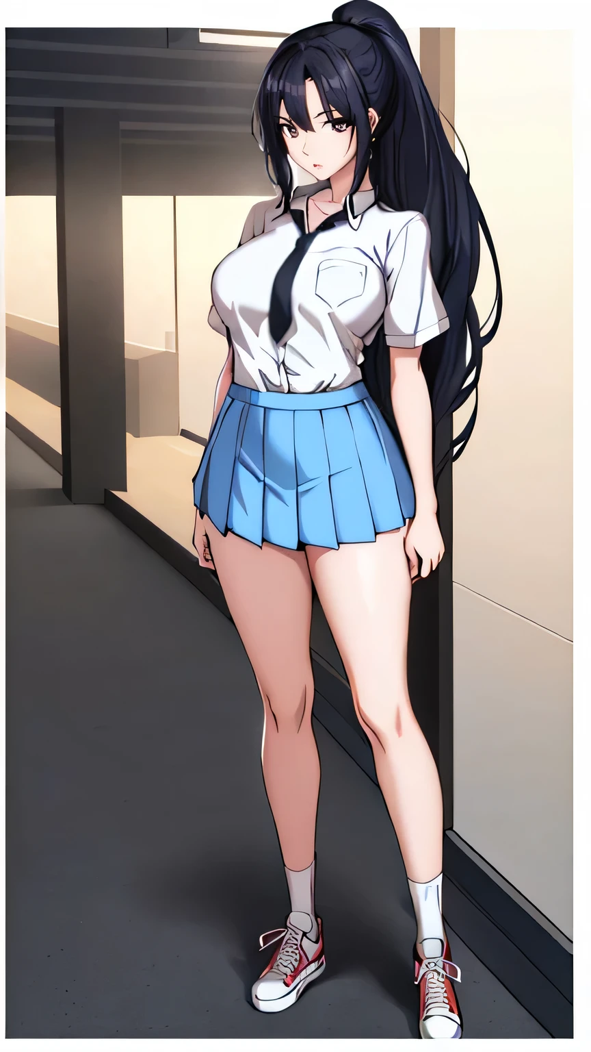 (best quality:1.5, highres, UHD, 4K, detailed lighting, ((ultra high quality)), ((ultra detail)), 1 girl solo, anime girl with ponytail and tie in a, black hair, anime moe artstyle, as an anime character, wearing , wearing a , nagatoro, an anime girl, cel shaded anime, wearing japanese , Ezra scarlet, beautiful anime high school girl, ((uniform high school)), wearing short sleeve white shirt white tie, female anime character, anime character, in an anime style, ((full body)), converse, converse high, (medium breasts), highly detailed face, cool, tomboy