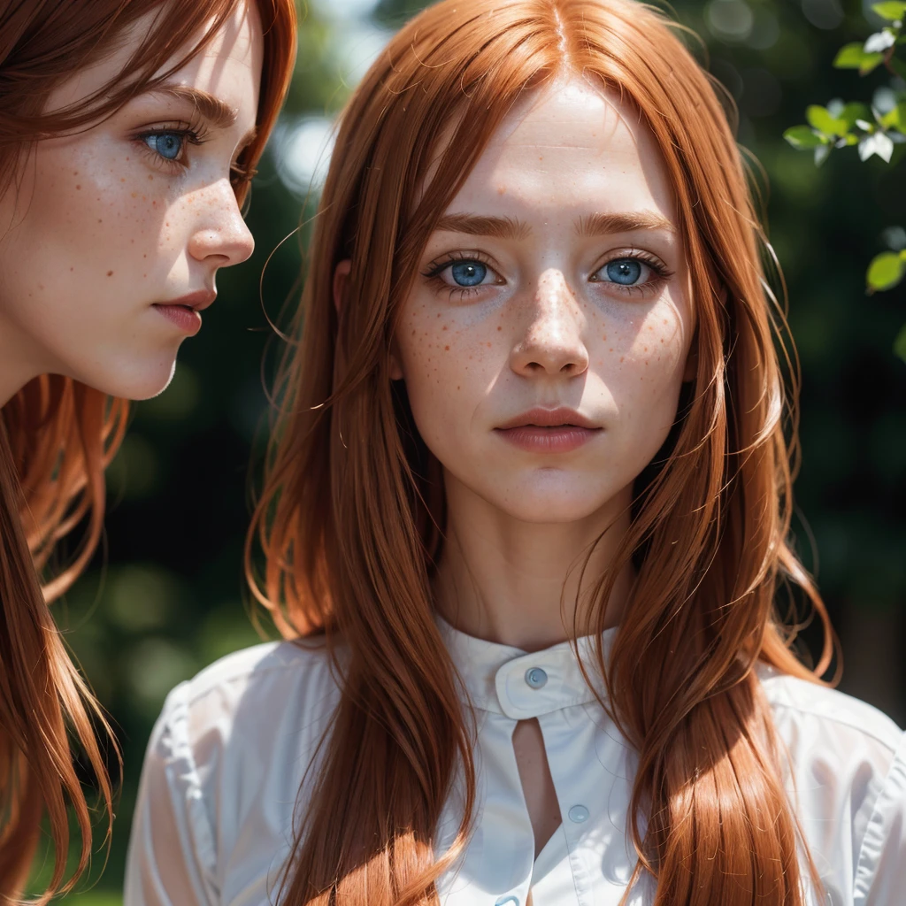 Amazing photographic Scandinavian woman with copper hair and captivating blue eyes. ((Portrait)), ((Detailed face:1.2)), hollow cheeks, fine lines, ((detailed facial features)), long lashes, freckles, ((finely detailed skin)), sun-kissed, ((copper hair:1.17)), ((realistic hair texture)), ((realistic photo:1.3)), ((Best Quality:1.2)), ((High Resolution:1.3)), captured in a Canon EOS R5, 50mm lens, F/2.8, Natural Light, ((8K:1.3)), ((Wallpaper:1.2)), ((Real