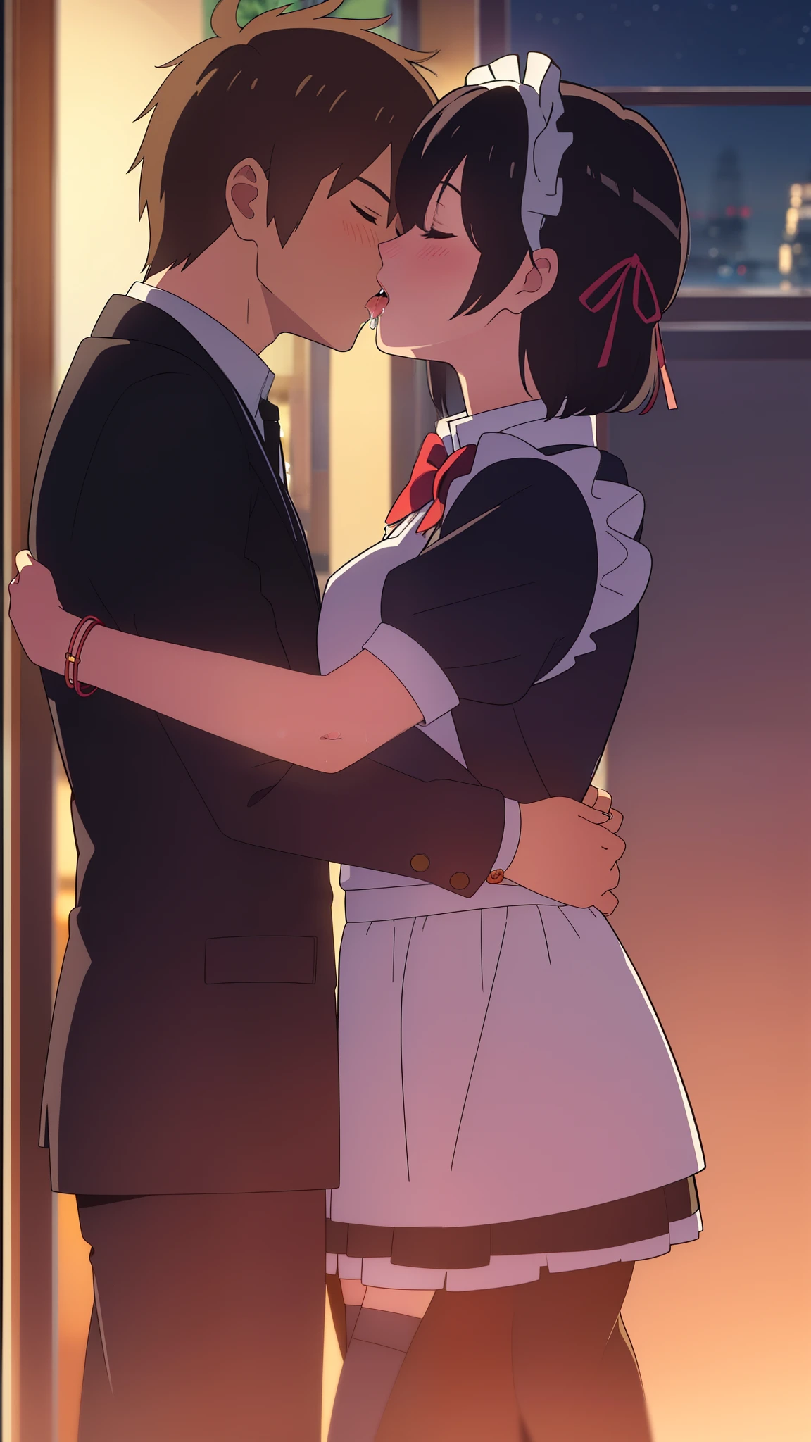 shinkai makoto, kimi no na wa., 1girl, 1boy, bangs, black hair, blush, closed eyes, (boy wear Suspender Clothes), ((girl wear maid dress, short dress, short skirt, maid headdress), bow, ribbon, short hair, cute, love, couple, adorable, Off-the-shoulders, dating, (((kiss, deep kiss, saliva))), bracelet, passionate hug, upper body portrait, night background, night sky, dynamic light