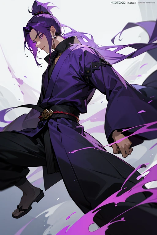 Laoi (First name) or Demoki (Given name) Is a purple haired warrior, expert in fighting, he has some sharp teeth, but is covered by his scarf that hides his mouth.
 Clothing: He has black and purple kimono and a black nichirin sword.
He wears a purple scarf around his neck, same kimono colors to cover his mouth.
Age: 
Unknown
Gender:
Male
Height
(Almost 5'6")
Eyes:
His pupils have the shape of crows
Demoki is a muscular 18-year-old man with long purple hair styled in a short, spiky cut. He has a thin messy tied ponytail running down his back and has a yellow earring. His eyes are a striking indigo,with crow shaped pupils. Despite his long hairstyle, and earring, he is clearly male with a strong build and tall stature.