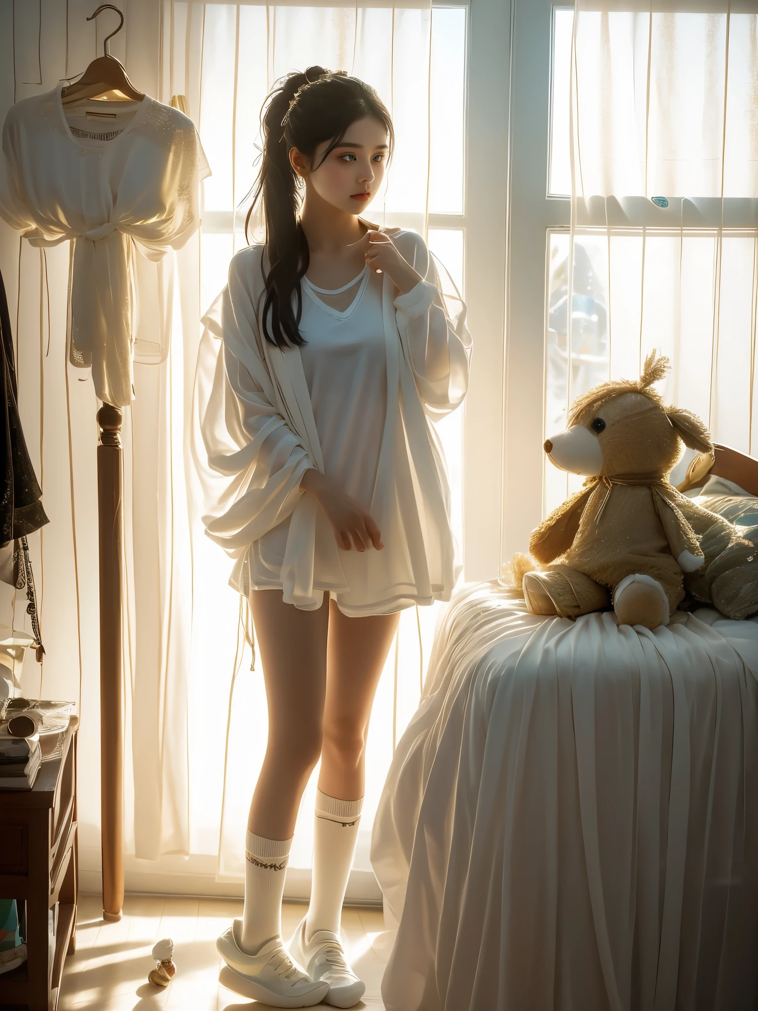 A ******* girl of Middle-Eastern descent in casual attire, specifically a pair of short socks, is standing in her room surrounded by posters of her favorite bands and a sprinkling of stuffed animals. The light is coming from a window on one side, casting a soft, warm glow across the room. The girl is seen tying one of the socks. She seems engrossed in her task, unintentionally revealing a rather thoughtful, determined expression that stands in contrast to the playful, light-hearted environment she is in.