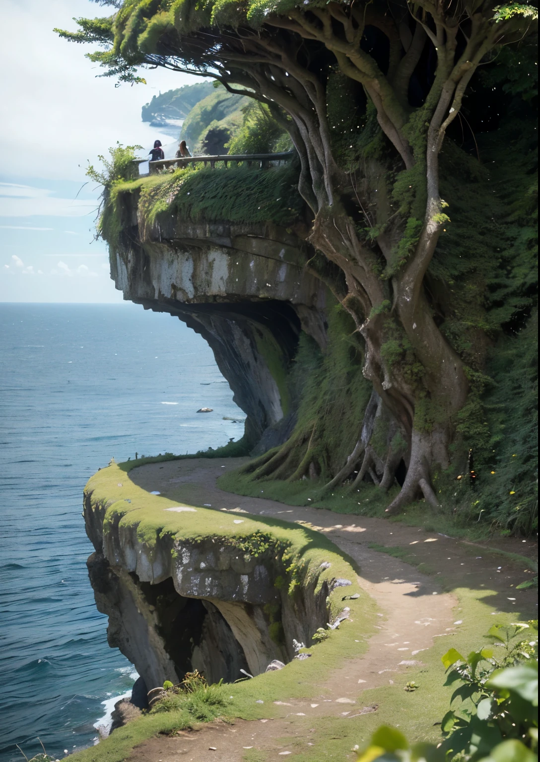 (masterpiece、highest quality:1.2)、8k、You can see the ocean、Crumbling ruins on the edge of a cliff、It is covered with moss and ivy.