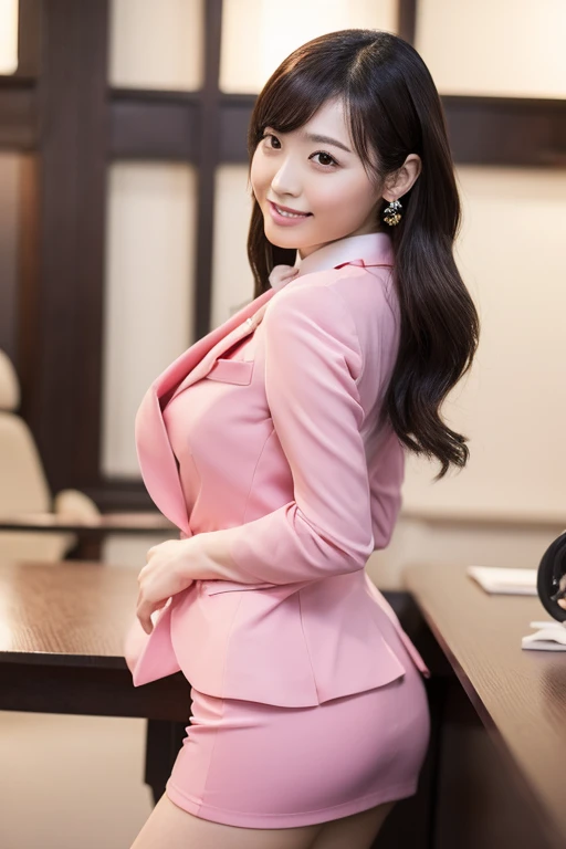 (Highest Resolution, 4K, masterpiece: 1.3), Japanese women, A photo of a woman, sexy: 1.1, Beautiful Eyes,Symmetrical eyes, Slim figure, Realistic teeth, double eyelid, (whole body:1.3), highest quality, detailed, At the office, (Pink business suit、Tight Skirt), (Buckshot,turn around)