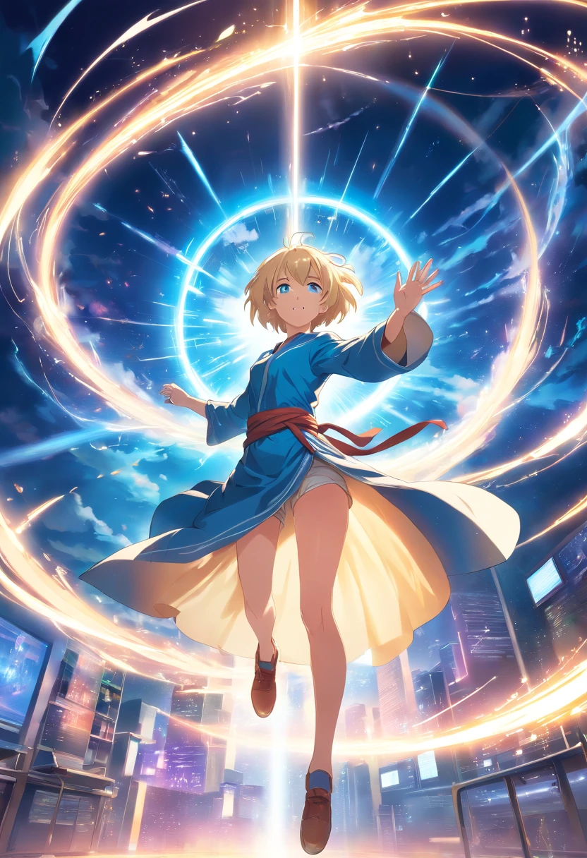17 years old Women, ((Blonde)), ((Blue eyes)), ((Short hair)), ((Full Body)), Suspended in the air surrounded by an energy field and rays shooting from her hands, she wears a magician's robe