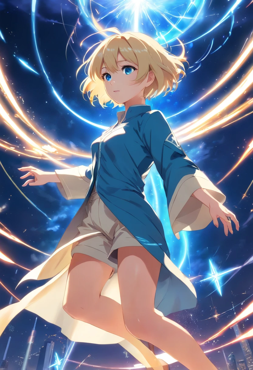 17 years old Women, ((Blonde)), ((Blue eyes)), ((Short hair)), ((Full Body)), Suspended in the air surrounded by an energy field and rays shooting from her hands, she wears a magician's robe