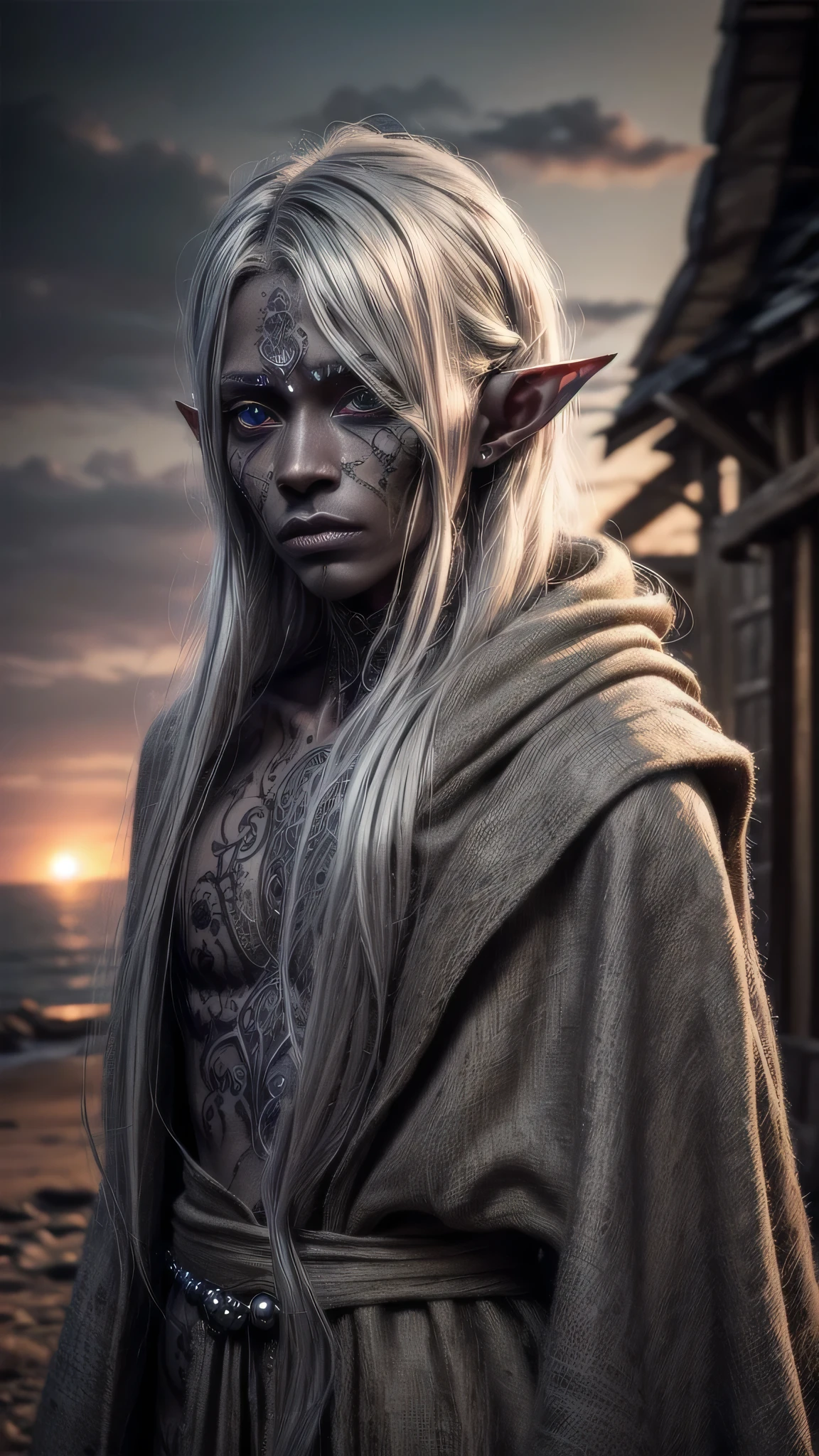 (masterpiece), (extremely intricate:1.3), (realistic), portrait gaunt male, (((starving 50 year old, weak graphite skinned drow elf, burlap robe [gray hair:green hair:0.7], feminine man face tattoos, iridescent silver tattoo:1.2, hollow, haunted, sad, (((graphite skin)))))), outdoors, intense sunlight, ((far away burning destroyed apocalyptic medieval village, professional photograph, dynamic pose)), sharp focus, dramatic, award winning, cinematic lighting, sunset volumetrics dtx, (film grain, blurry background, bokeh, depth of field, interaction), 8K