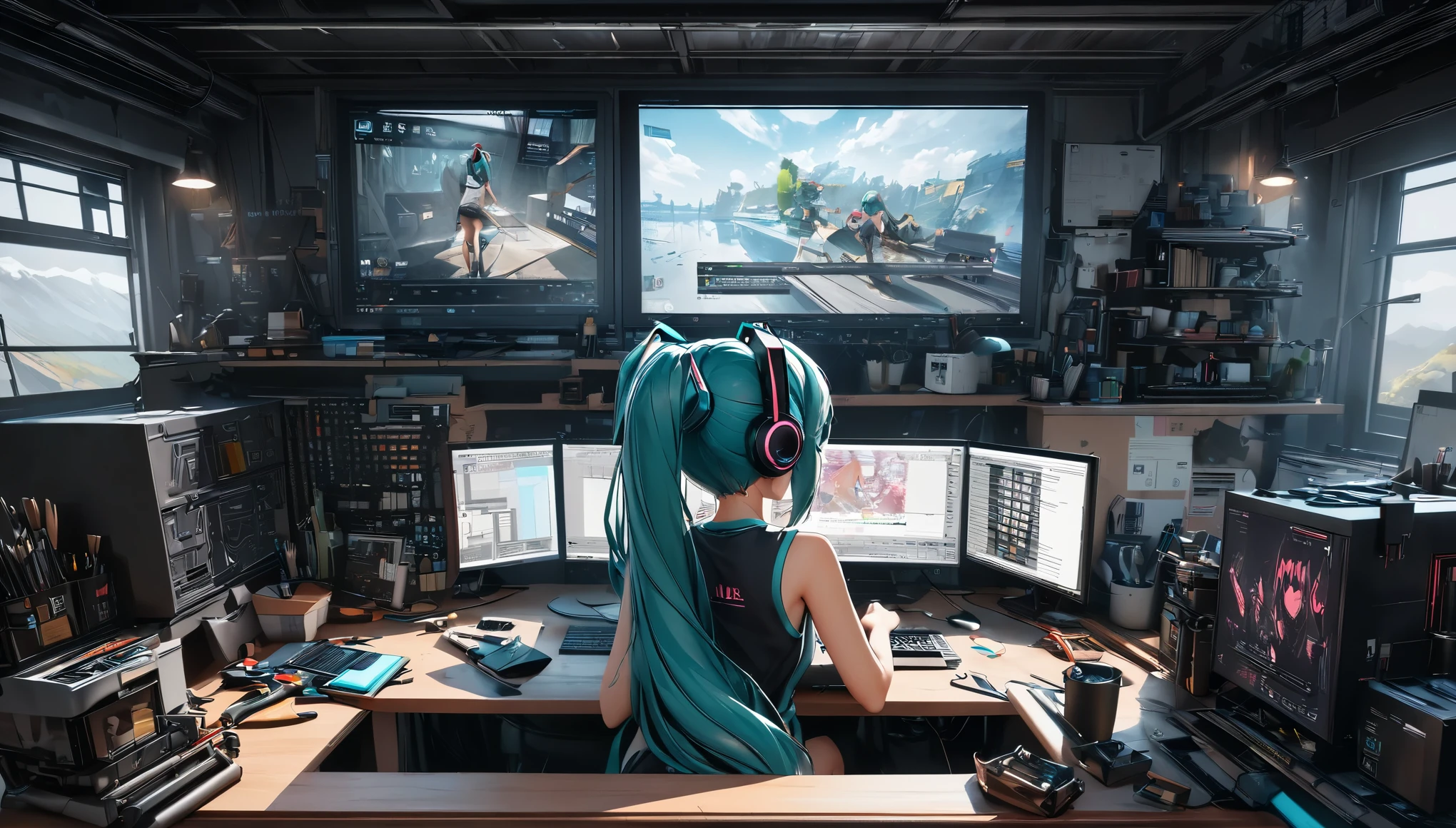 (((Hatsune Miku))),(highest quality, 4K, 8k, High resolution, masterpiece:1.2), Very detailed, Vector art production scene, Vector art production screen, Create a game character, line tools, brush tool, Assigned control points, Curve sub tool, Creating vector art, Design Art, ((girl working on computer, Active window displayed on screen)), High resolutionファイル, Graphic production workflow, Tool settings window, work area, A screen with neatly arranged windows, Using the fill tool, progress screen.From behind
