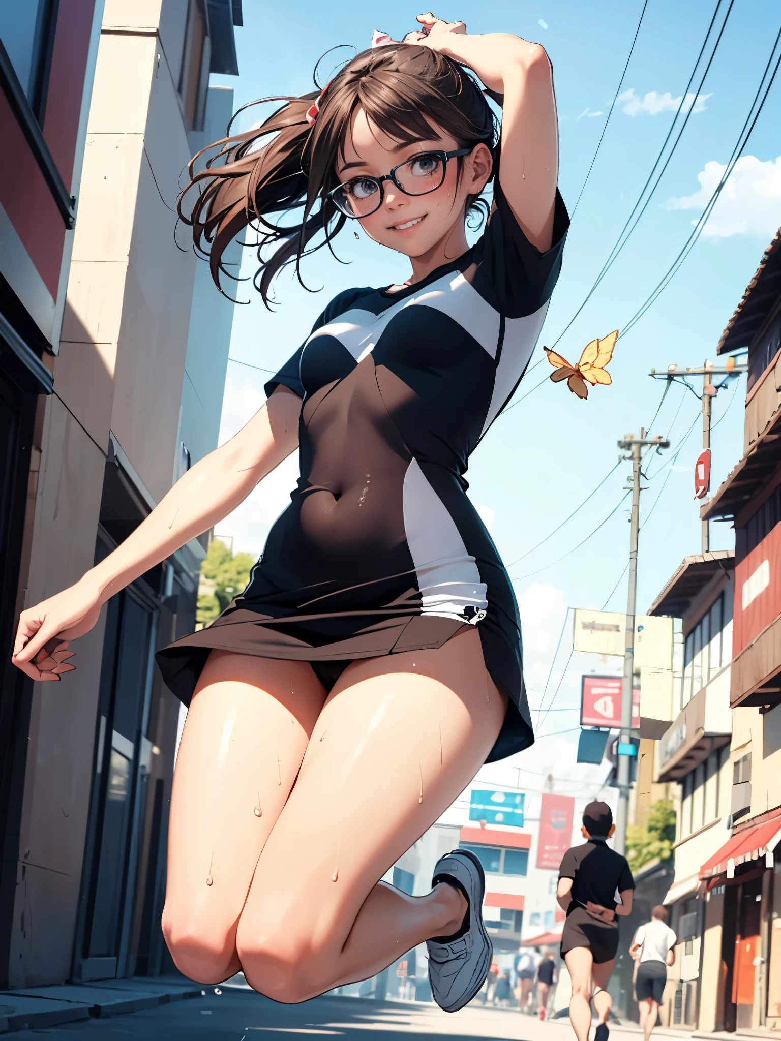 (super flat, flat shading), Honors Type, Really blushing, ************, girl, wearing short sleeves white one-piece dress:1.5, mini skirt fluttering in the wind, Loafer, ponytail brown hair, Glasses, sweaty healthy body, sweaty soaking wet full body, smile, bare legs, armpit, navel, ultra realistic, early morning, breeze, (jumping:1.2), in crowded public street, 