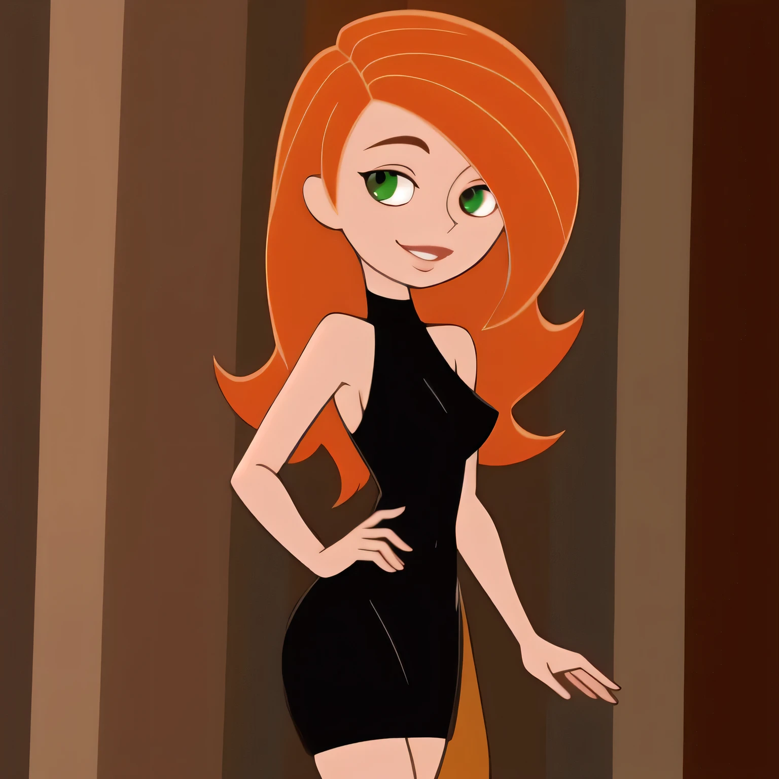 Best_QualityPos, RAW photo, intricate details, best quality, 8k uhd, soft lighting, 1girl, solo, green eyes, orange hair, long hair, black strapless tube dress, medium breast, smile