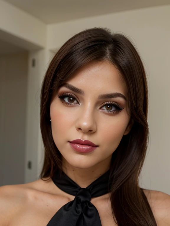 foto de una mujer perfecta para coquetear con ojos profundos labios pintados de carminy un cuerpo seductor . , Lleva lenceria de encaje ?????, o gris con rojo, peinado recogido formal, cabeza inclinada hacia un lado