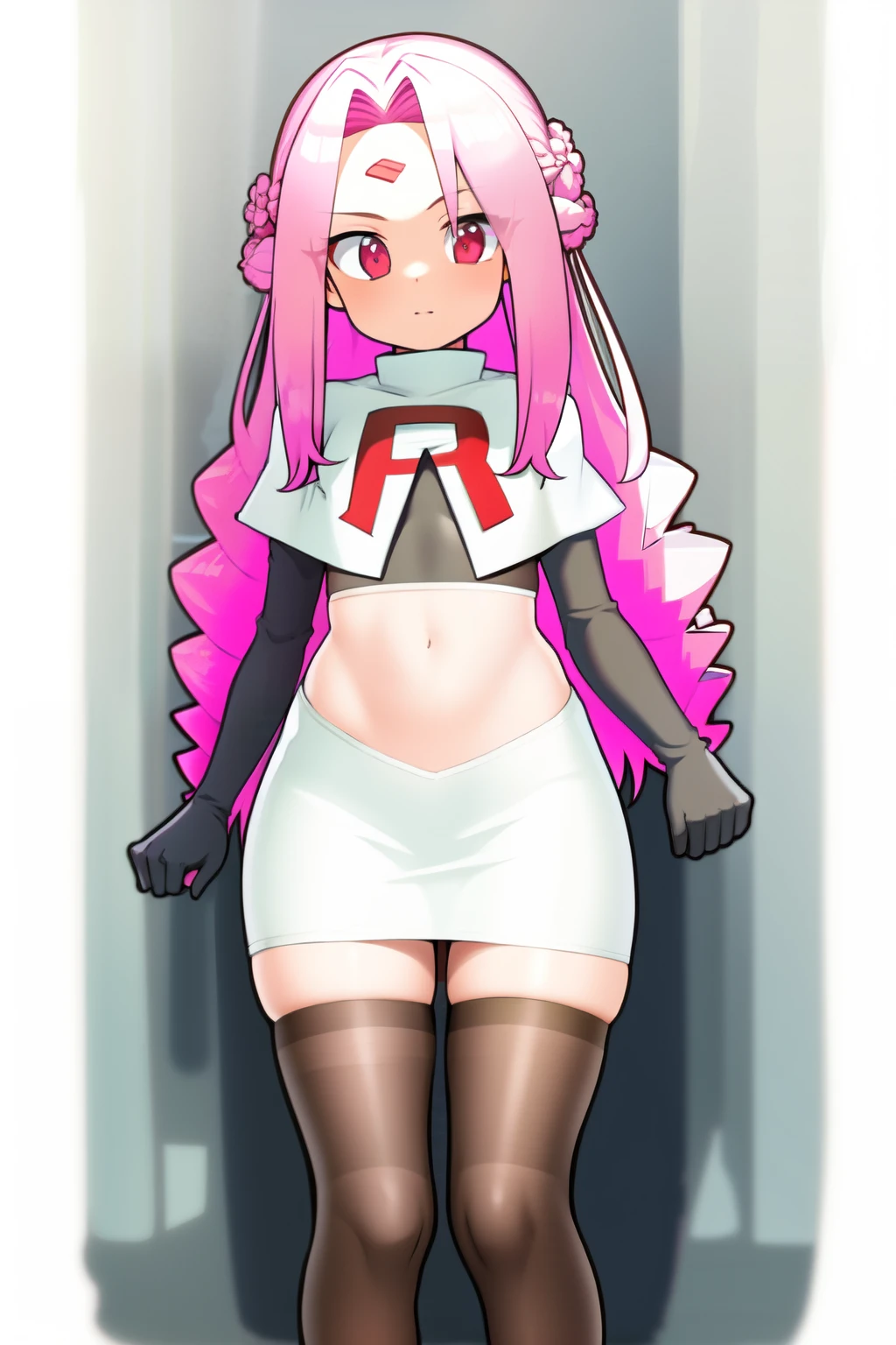 masterpiece, (best quality:1.3), sharp focus, absurdres, ++ 1girl, solo, fantasy, light purple hair, very long hair, curly hair, french braid, single sidelock, forehead, red eyes, pink eyes, multicolored eyes, , flat chest, , dollgirl, doll joints, ++ pov, looking at viewer, team rocket,team rocket uniform,white skirt,red letter R,crop top,black thigh-highs,black elbow gloves