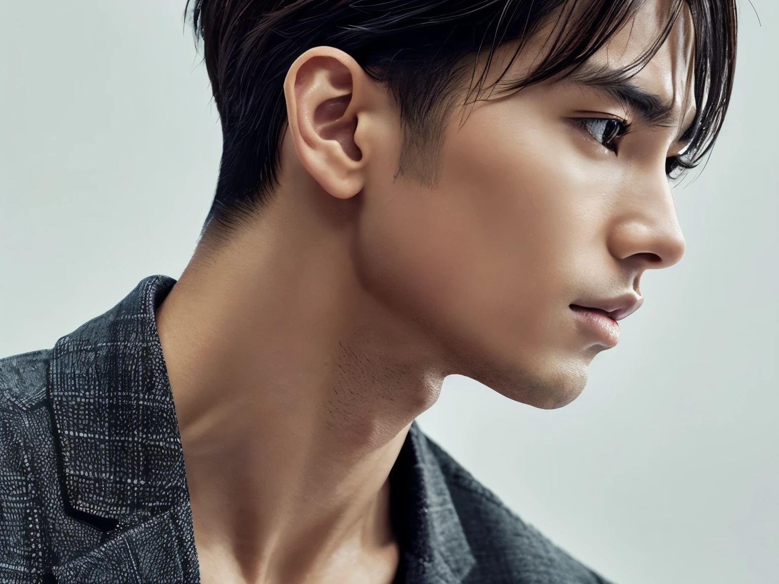 短い黒髪と白いシャツを着たアラビア風のmale, Sharp cheekbones, Prominent Jawline, Put your hand on your cheek, Angular jawline,photograph,male,Profile up