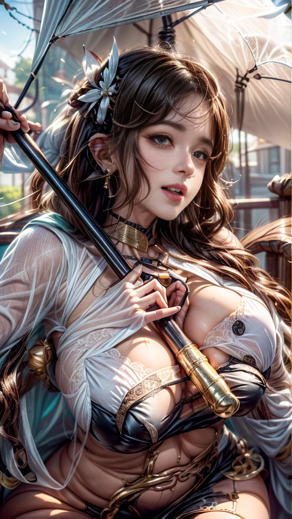 Close-up of a woman holding an umbrella , extremely detailed ArtJam, style ArtJam, ArtJam lau, Up to the model | ArtJam, ArtJam. Camel Toe、Giant tit、Earrings、necklace、Bracelet、Caster wheel、first round、Plump、Super big breasts、Ahoge、Slut、Cleavage,Mole on chest、transformation、Odd Eye、Molester、Pregnant woman plump、Super big breasts、Super big butt with attention to detail, ! dream ArtJam, ArtJam detailed, style of ArtJam, ArtJam portrait, range murata and ArtJam