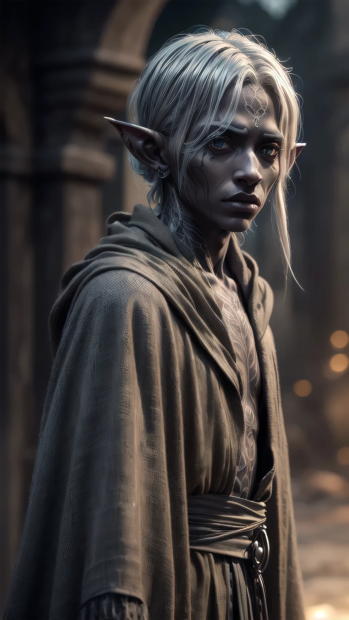 (masterpiece), (extremely intricate:1.3), (realistic), portrait gaunt male, (((starving 50 year old, weak graphite skinned drow elf, burlap robe [gray hair:green hair:0.7], feminine man face tattoos, iridescent silver tattoo:1.2, hollow, haunted, sad, (((graphite skin)))))), outdoors, intense sunlight, ((far away burning destroyed apocalyptic medieval village, professional photograph, dynamic pose)), sharp focus, dramatic, award winning, cinematic lighting, sunset volumetrics dtx, (film grain, blurry background, bokeh, depth of field, interaction), 8K
