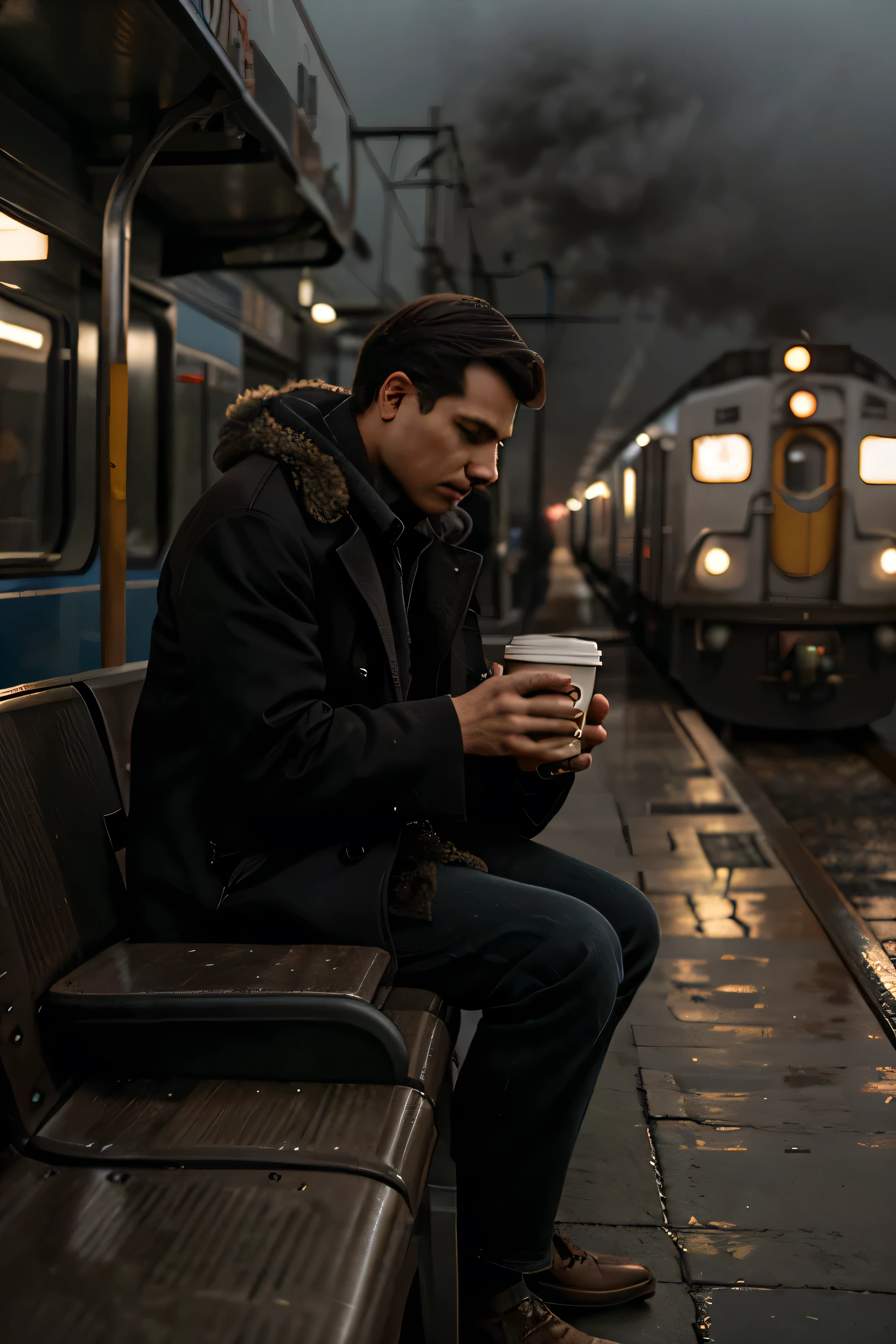 a man, wearing a long coat, sipping his cup of coffee, sitting by the train tracks in the gloomy fog outdoor train station.