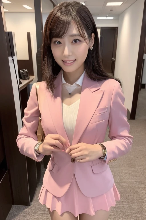 (Highest Resolution, 4K, masterpiece: 1.3), Japanese women, A photo of a woman, sexy: 1.1, Beautiful Eyes,Symmetrical eyes,Big eyes, Slim figure, Realistic teeth, double eyelid, (whole body:1.3), highest quality, detailed, At the office, （Pink business suit、Tight mini skirt）, (Buckshot,turn around:1.2)