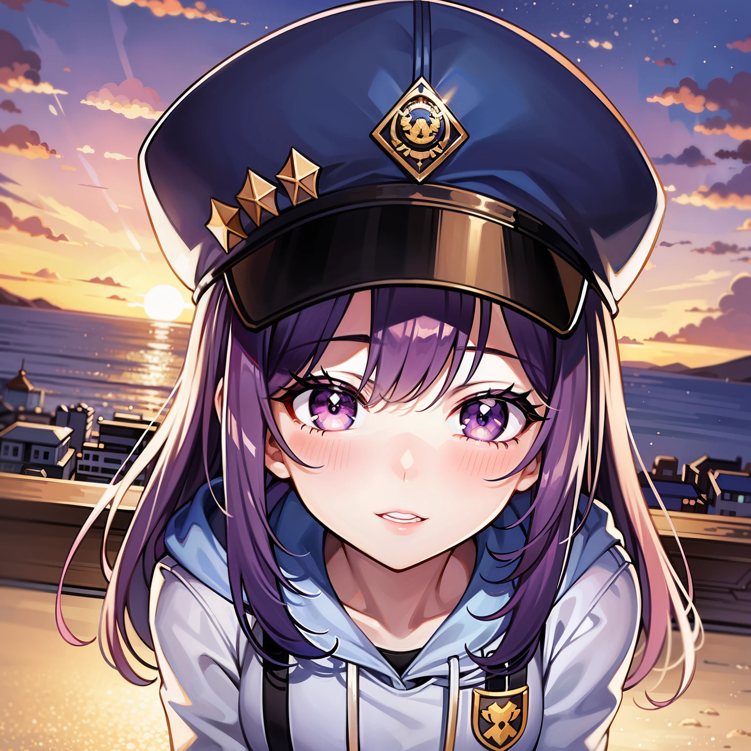((1girl, solo)), purple hair, long hair, purple eyes, grey, +_+, long sleeves, smile, (((parted lips))), hood down, (badge on hat), symbol-shaped pupils, looking at viewer, details eyes, absurdres, half body, ((sunset)), top view, (day time, sunny)