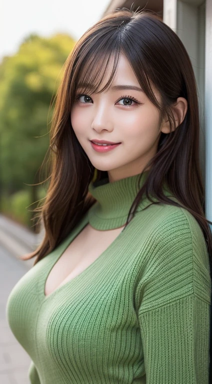 masutepiece, Best Quality, Photorealsitic, finely detail, hight resolution, 8K Wallpapers, Perfect dynamic composition, Beautiful detailed eyes, Medium Hair, large full breasts, Random and sexy poses,Bring your chest together、(Tight Green Knitwear)、(Breast bulge 1.2)、A smile、open open mouth、Resort scenery、24 year old、(Drooping eyes 1.4)、Adult beauty、japanes