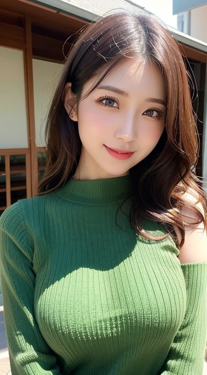 masutepiece, Best Quality, Photorealsitic, finely detail, hight resolution, 8K Wallpapers, Perfect dynamic composition, Beautiful detailed eyes, Medium Hair, large full breasts, Random and sexy poses,Bring your chest together、(Tight Green Knitwear)、(Breast bulge 1.2)、A smile、open open mouth、Resort scenery、24 year old、(Drooping eyes 1.4)、Adult beauty、japanes