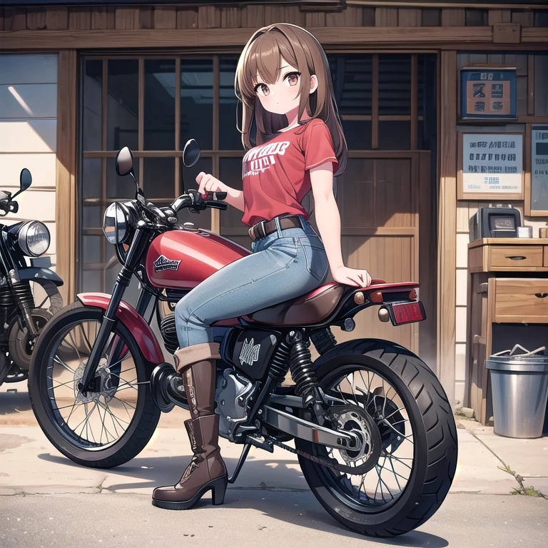 A picture of a Girl skillfully working on a vintage motorcycle in a Car-Mechanic shop, Garage door entrance and a lot of equipment in the background, very detailed and cluttered but not noisy background, (Solo), (Best Quality), (Masterpiece), (Official Quality Artwork), (Perfect Anatomy), (Perfectly Detailed), (Accurately Drawn). She has (very Lush, Medium-Long Dark-Brown Hair), (Beautiful Brown Eyes), Big Chest, wide hips, decently muscular, slightly above average height, with a athletic and attractive figure, ((20 years-old)), She is wearing a (Slightly Dirty Red Shirt, with a small White Logo and information about the mechanic-shop), (Mildly Worn, slightly dirty, Dark-Blue Jeans), a Brown Belt, and Dark-Grey Boots. She is holding a Wrench, and is fixing the Wheel on a vintage motorcycle, with a focused and skillful expression, zoomed-in on her working,