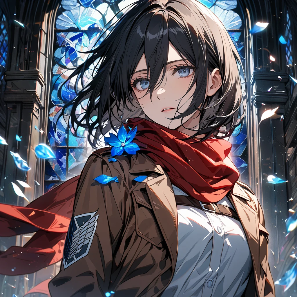 Ultra detailed, HDR, Highres, absurdres, master piece, Mikasa Ackerman, black hair, expressive silver eyes, Shingeki No Kyojin, red scarf, white shirt, brown jacket, patterns, blue stained glass, blue ice, petals, blue ice flowers, woman, solo, extremely detailed face and eyes, extremely beautiful, glittering, blue glass, extremely pretty, perfect face