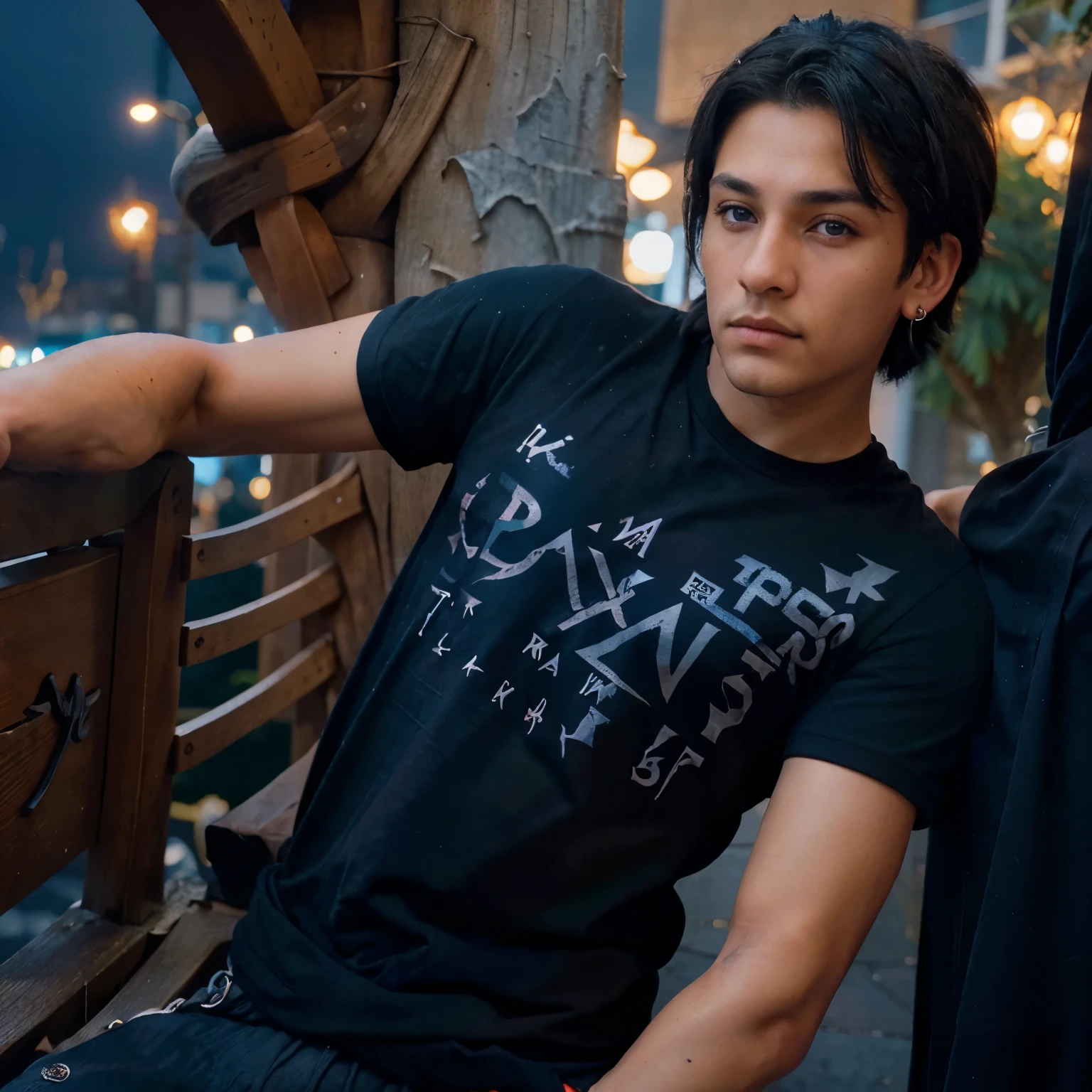 Hombre joven de cabello corto de color rojo, con ojos verticales de color morado, tanned skin covered in dragon scales under left eye, dressed in a dark blue t-shirt and black pants and a silver earring in his right ear, parado frente a un anochecer