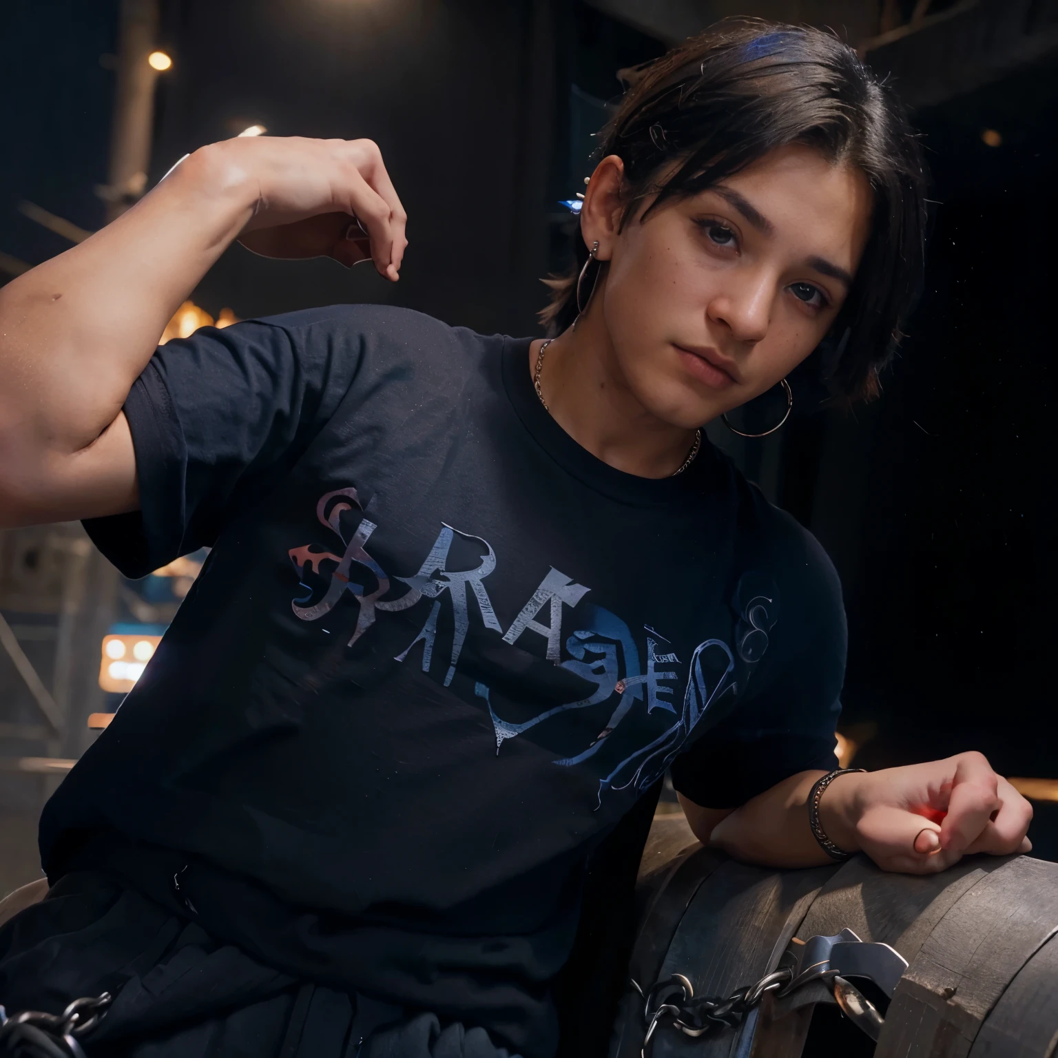 Hombre joven de cabello corto de color rojo, con ojos verticales de color morado, tanned skin covered in dragon scales under left eye, dressed in a dark blue t-shirt and black pants and a silver earring in his right ear, parado frente a un anochecer