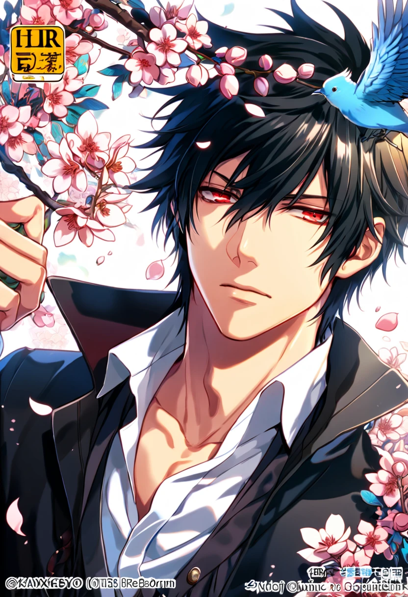 absurdres, highres, ultra detailed, HDR, masterpiece, Xanxus, black hair, hair between the eyes, expressive red eyes, Katekyo Hitman Reborn!, black jacket, white shirt, designed with decorations such as blue leaves, blossoms and birds, solo, sexy adult man, handsome, petals