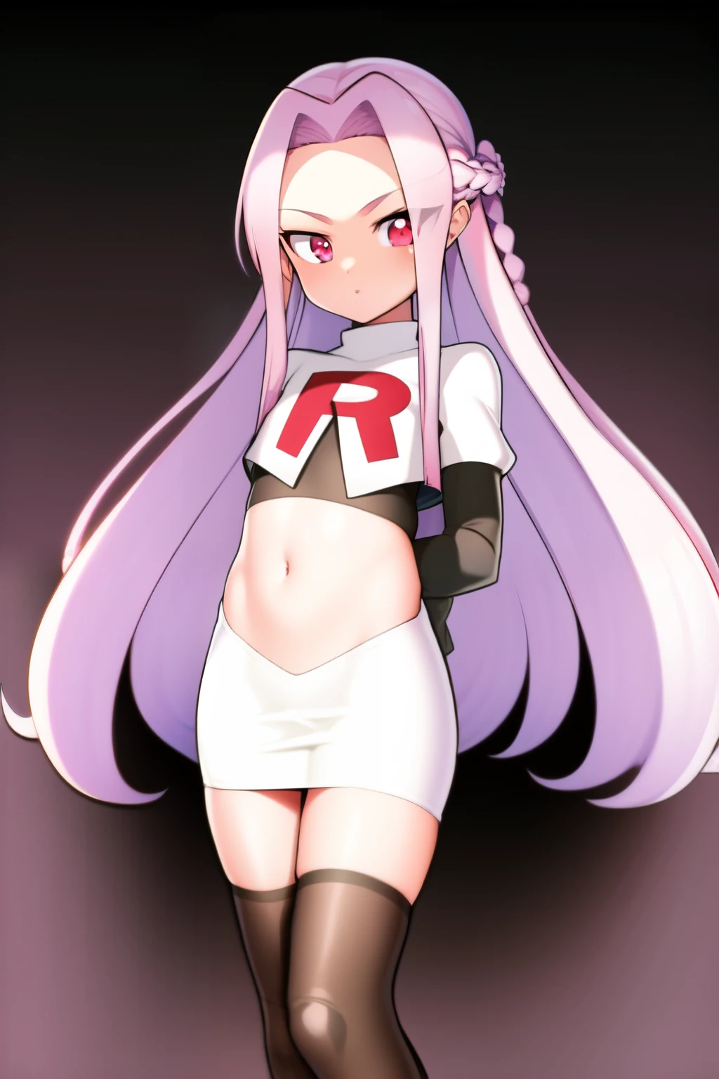 masterpiece, (best quality:1.3), sharp focus, absurdres, ++ 1girl, solo, fantasy, light purple hair, very long hair, curly hair, french braid, single sidelock, forehead, red eyes, pink eyes, multicolored eyes, , flat chest, , dollgirl, doll joints, ++ pov, looking at viewer, team rocket,team rocket uniform,white skirt,red letter R,crop top,black thigh-highs,black elbow gloves