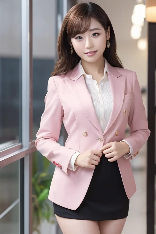(Highest Resolution, 4K, masterpiece: 1.3), Japanese women, A photo of a woman, sexy: 1.1, Beautiful Eyes,Symmetrical eyes,Big eyes, Slim figure, Realistic teeth, double eyelid, (whole body:1.3), highest quality, detailed, At the office, （Pink business suit、Pretz Mini Skirt）, (Buckshot,turn around:1.2)
