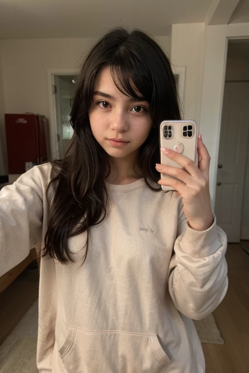 a 13 year old girl with black hair selfie in a brown sweatshirt