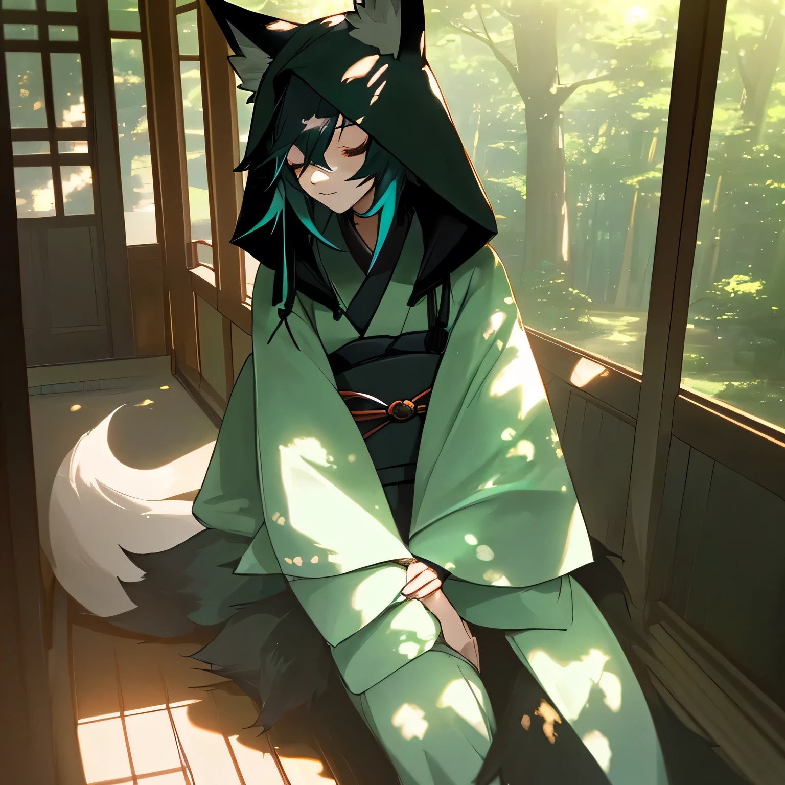 Fox personification,one person,,Cute face,Sleepy eyes,Unknown gender,Black fur, Black Nose,Long, bushy tail,Celadon-colored hooded kimono,Shorts,Country house,Veranda,afternoon,Sunlight filtering through the trees