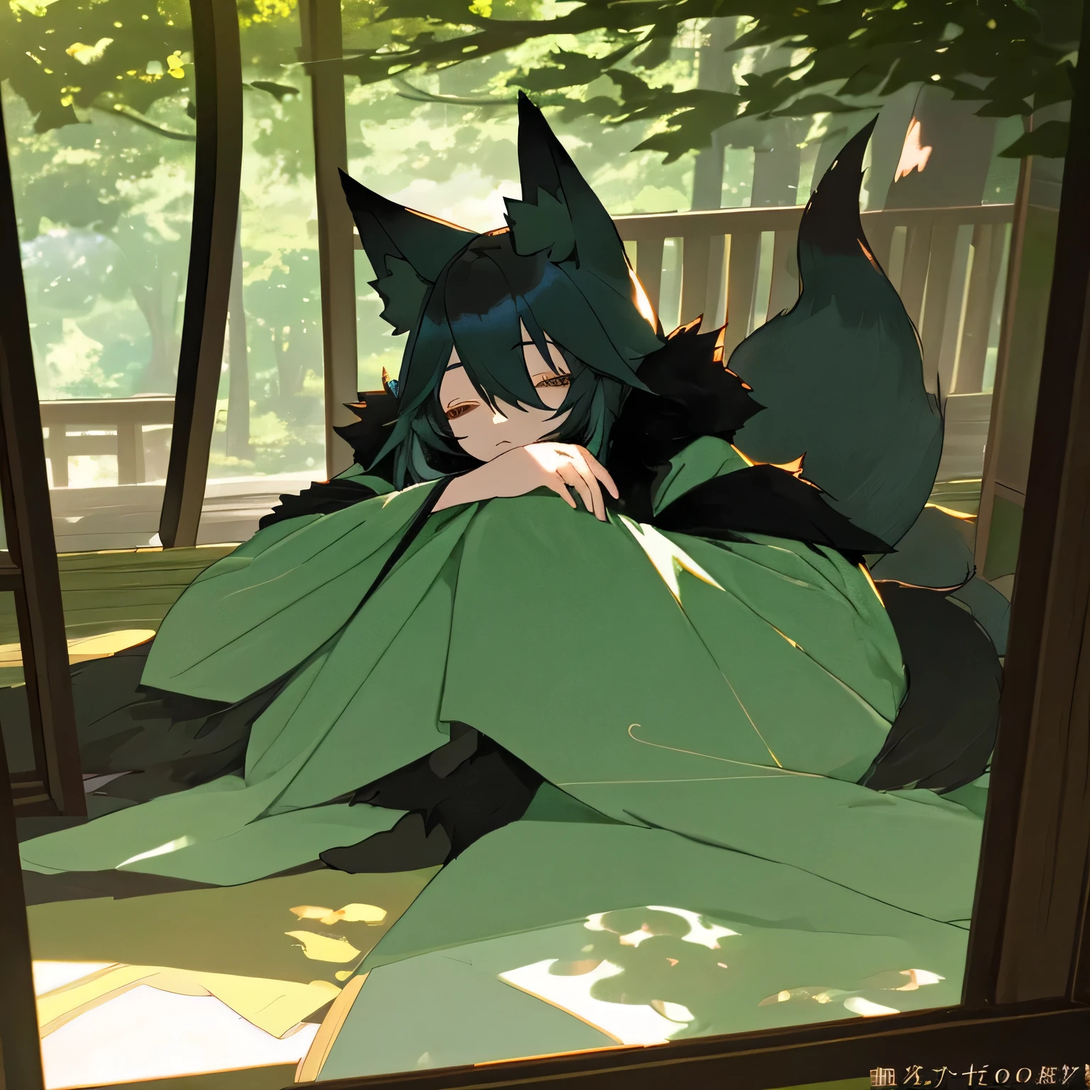 Fox personification,one person,,Cute face,Sleepy eyes,Unknown gender,Black fur, Black Nose,Long, bushy tail,Celadon-colored hooded kimono,Shorts,Country house,Veranda,afternoon,Sunlight filtering through the trees
