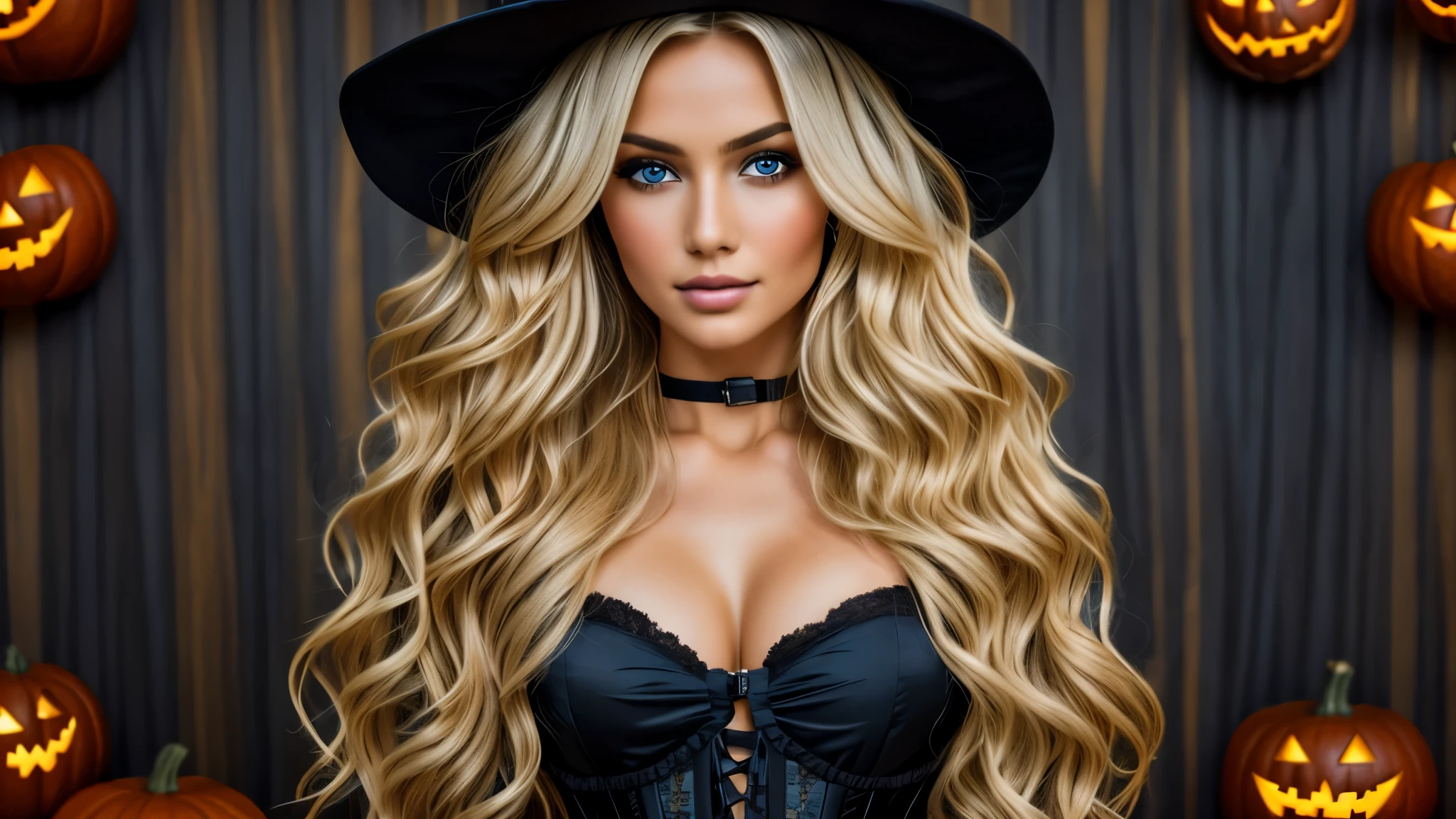 Beautiful woman, Solo, Long wavy hair, large , model pose, Halloween decoration background, blondehair, Full body, (extremely detailed 8k wallpaper), soft lighting, high quality, film grain, Fujifilm XT3 sharp focus, f 5.6, 50mm, High Detail, Sharp focus,(natural light), (seductive), witch Halloween costume, corset, Realistic, A sexy