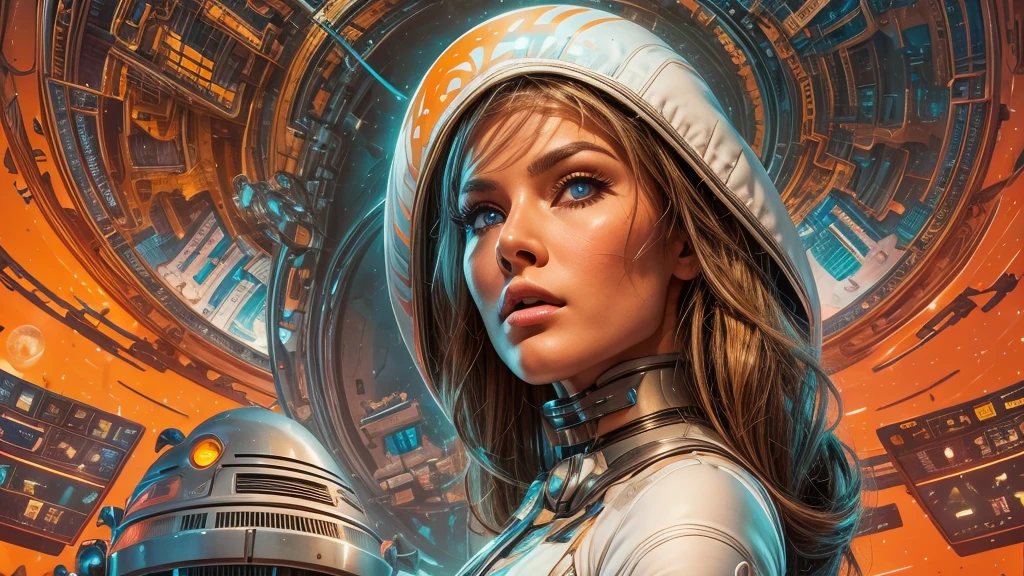 arafed image of a white woman in a futuristic suit with a spaceship in the background, movie art, in front of an orange background, inspired by Robert McGinnis, female protagonist, megastructure in the background, portrait of an ai astronaut, astronauts, an astronaut, portrait of a astronaut skeletor, perfect android girl, detailed eyes, perfectly detailed teeth, frank franzzeta and sakimichan  