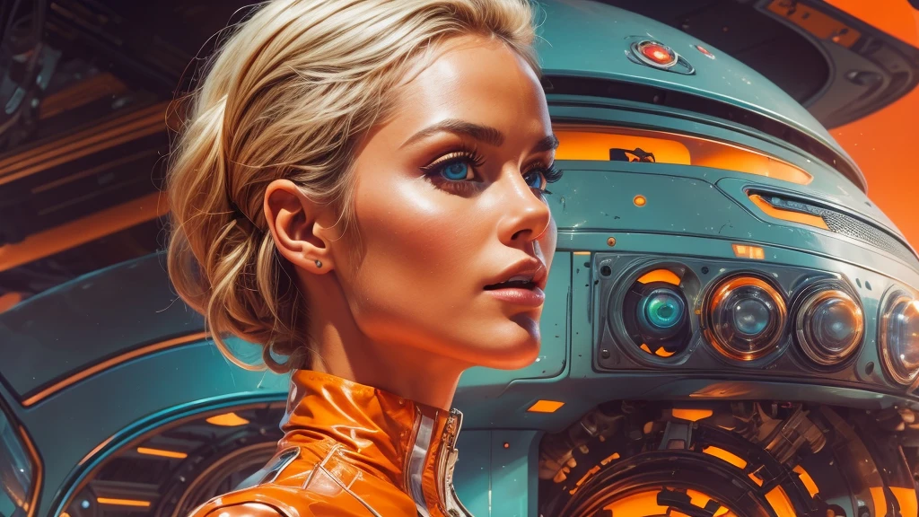 arafed image of a white woman in a futuristic suit with a spaceship in the background, movie art, in front of an orange background, inspired by Robert McGinnis, female protagonist, megastructure in the background, portrait of an ai astronaut, astronauts, an astronaut, portrait of a astronaut skeletor, perfect android girl, detailed eyes, perfectly detailed teeth, frank franzzeta and sakimichan