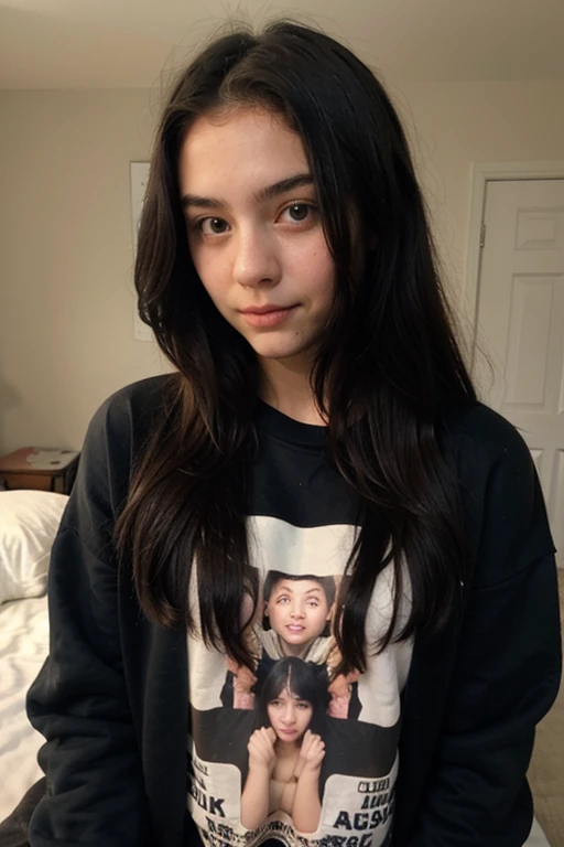 a 13 year old girl with black hair selfie with a sweatshirt 