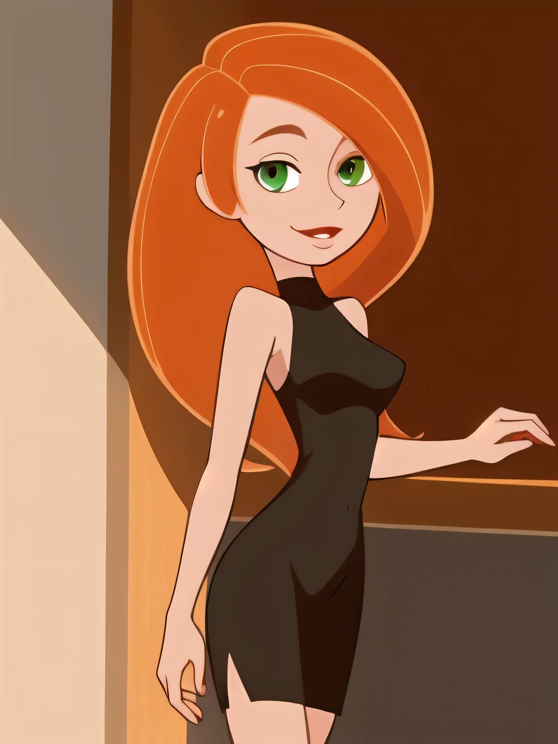 Best_QualityPos, RAW photo, intricate details, best quality, 8k uhd, soft lighting, 1girl, solo, green eyes, orange hair, long hair, black strapless tube dress, medium breast, smile