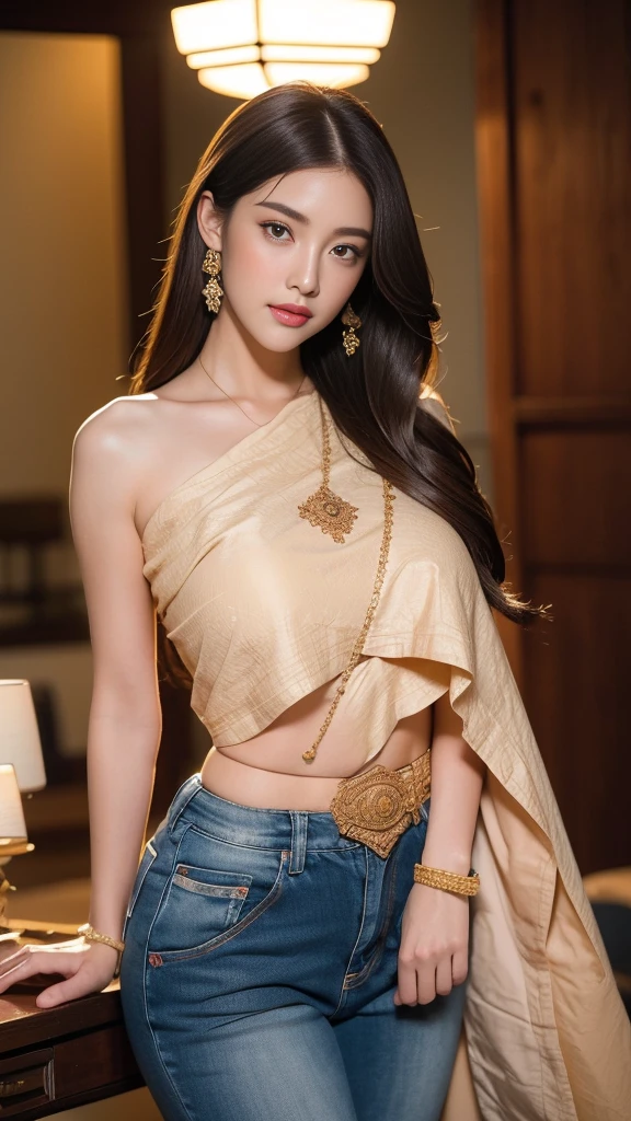 2 women, long hair cut, ((The ultimate beauty of Japan))、mature、beautiful facial features、(Big eyes:1.3), detailed lips, Beautiful eyes without details, Double eyelids, Long eyelashes、(Huge breasts, big breast, A gigantic rift, Big breasts that everyone must look at), (curve), Chapped lips, Beautiful orthodontics, red blush, A mesmerizing gaze、seductive smile, short brown bob, Masterpiece，（Long legs，Long legs），best quality，hyper detail，Enlightenment，Fine, detailed eyes and a detailed face.） allure：brown hair，(My hair is more than two meters long., Long hair that catches the eye, Beauty that comes from long hair), natural makeup，Random color clothes, round chest，looking at the audience，single，A MILF with a perfect body，military office background, Excellent lighting composition, Excellent light and shadow quality, little jewelry, Frayed clothes, The dress is not finished yet., not properly dressed, dynamic post, amazing gesture, professional, short skirt, Few pieces of clothing, Body Reveal, extra large breasts, The abdomen is white and smooth., , big breasts, Jeans shorts,